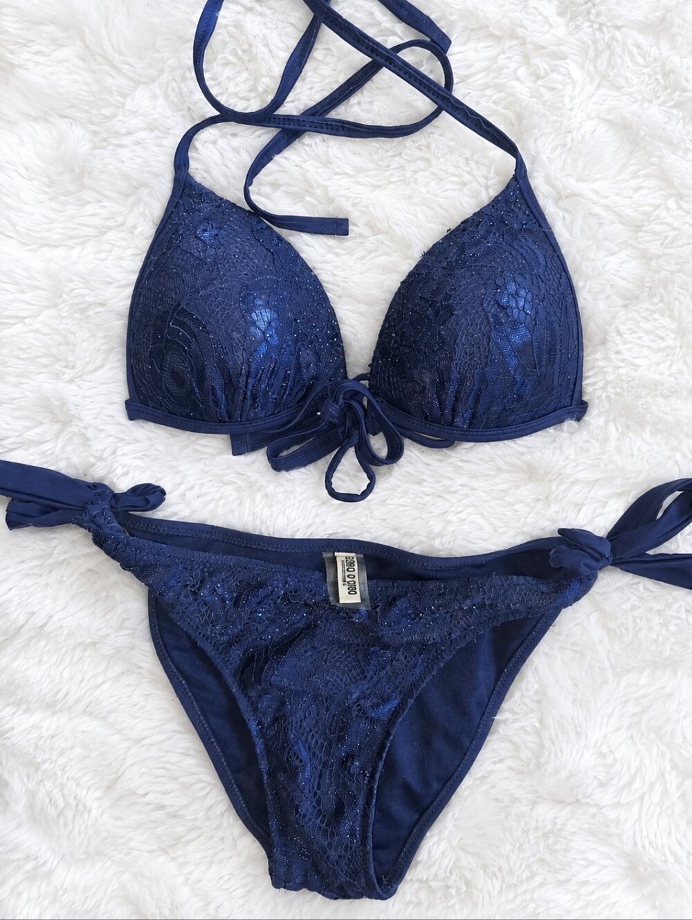 Sogno D'Oro Navy Blue Lace Tie-Side Bikini Set